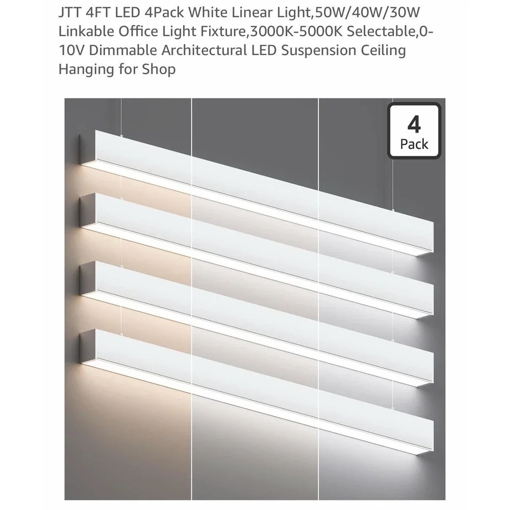 JTT 4FT LED Linear Shop Light 4 Pack 30/40/50W 3CCT 0-10V Dimmable White